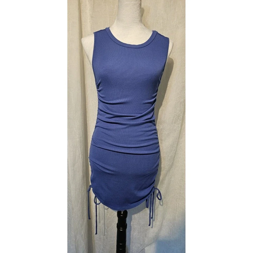 BB Dakota Steve Madden Sleeveless Bodycon Dress Women's Large Blue Side Ruched - Picture 1 of 4